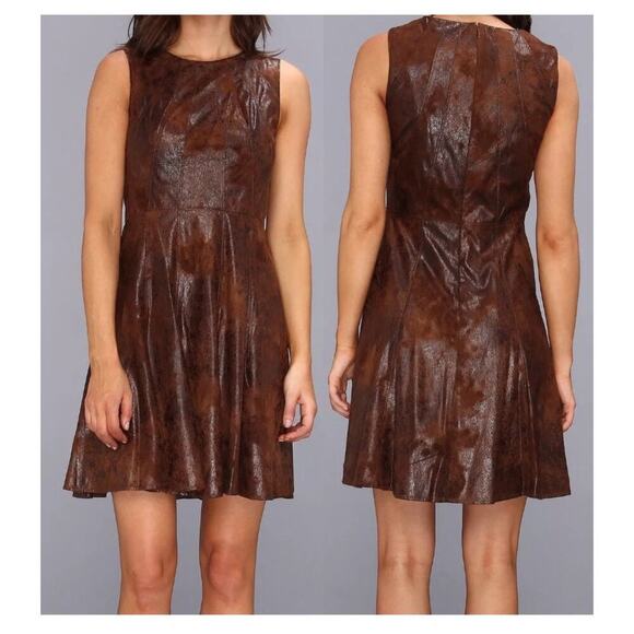 Vince Camuto Brown Wash Distressed Faux Leather Fit & Flare Dress Size 12 - Picture 1 of 10